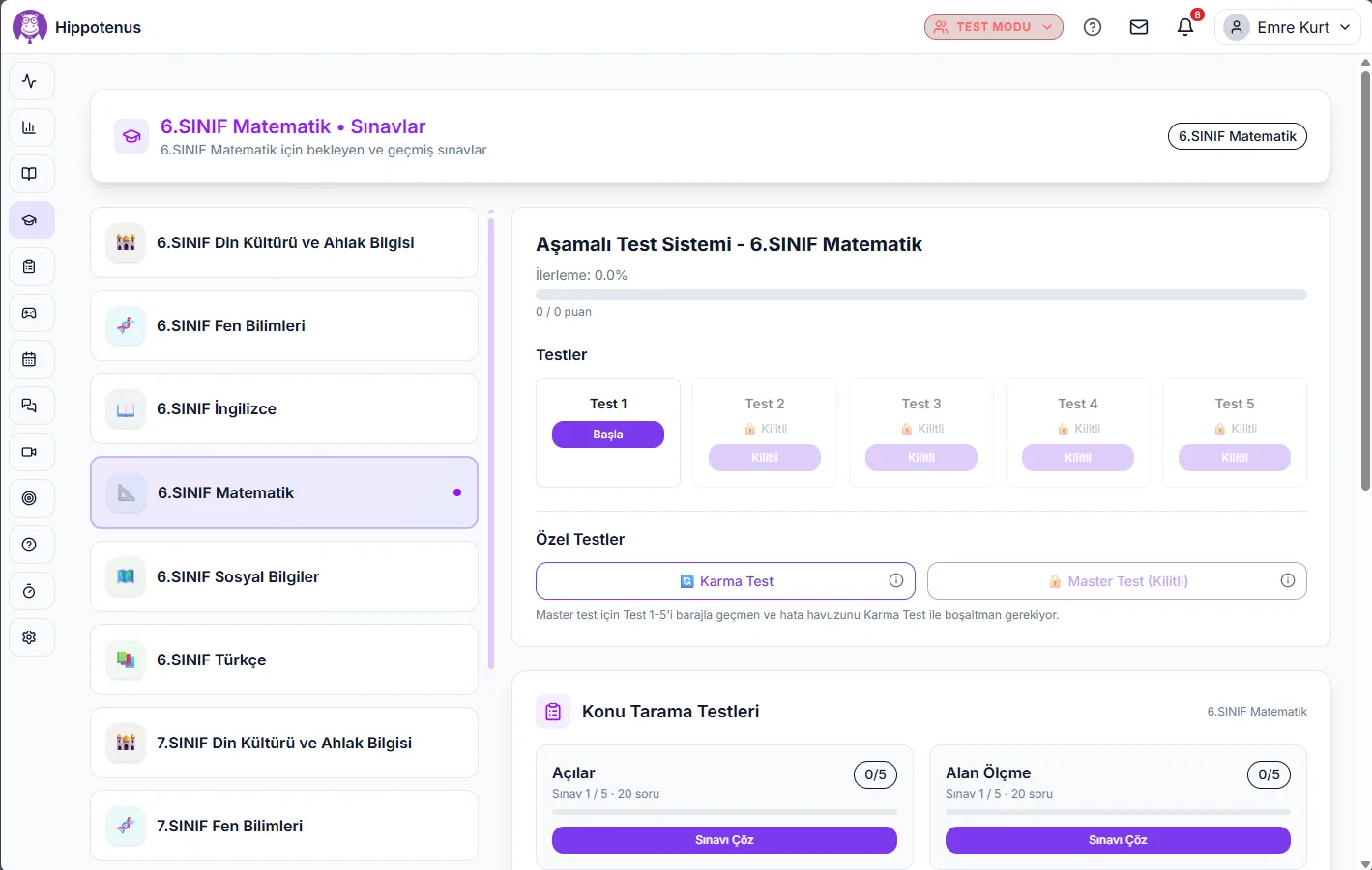 Üründeki aşamalı test ekranı: Test 1-5, Karma Test ve kilitli Master Test