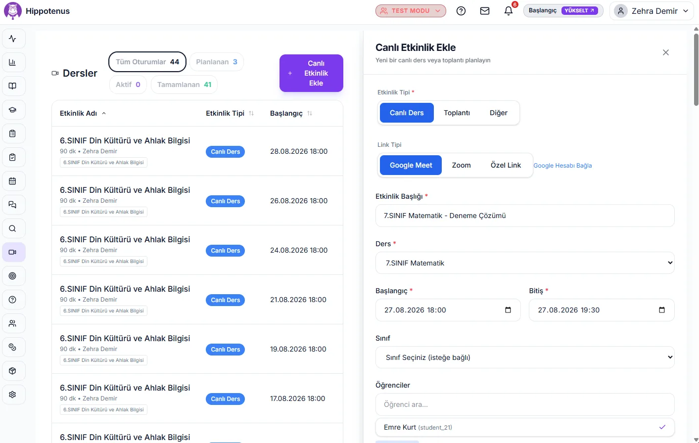 Üründeki Yeni Canlı Etkinlik paneli, Google Meet seçili ve tekrar bloğu açık