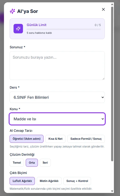 Üründeki Soru Sor ekranı ve AI'ya Sor penceresi, günlük limit görünür